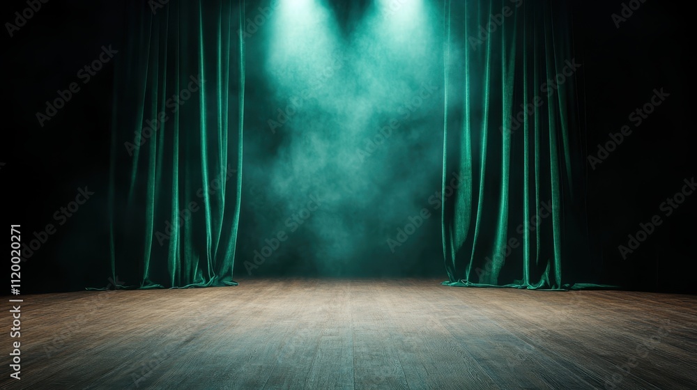 Poster an empty stage features emerald green curtains with a soft spotlight and a wooden floor, creating an
