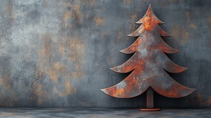 Rusty metal christmas tree against grunge wall texture background