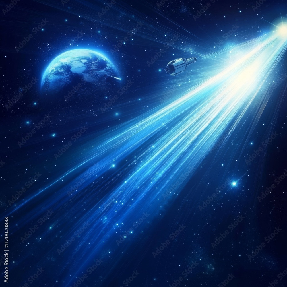 Poster tech vector. blue abstract futuristic background. sunrise. satellites and rockets in orbit of planet