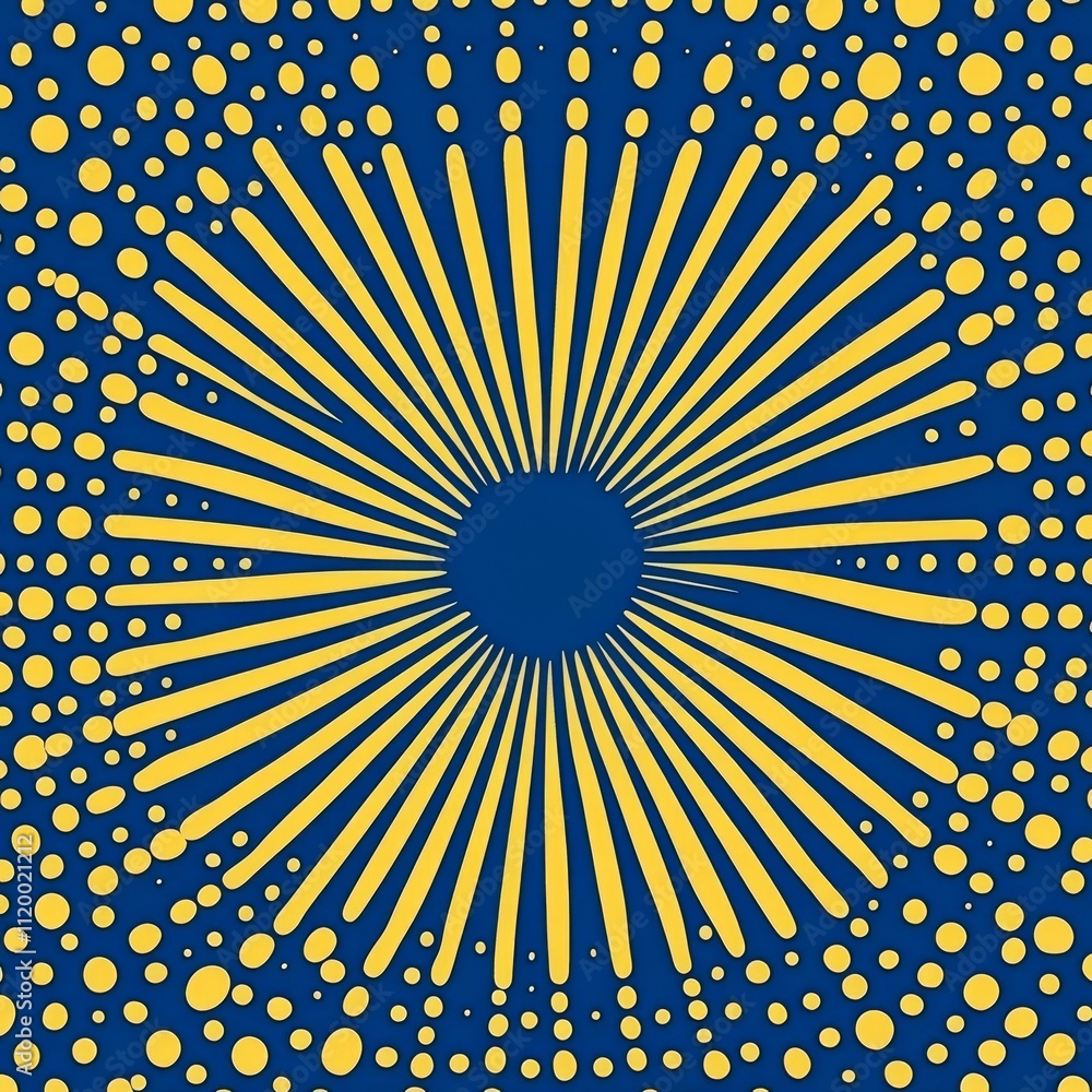 Poster yellow halftone on blue background. vector dotted sparkles or halftone shine pattern texture pop art