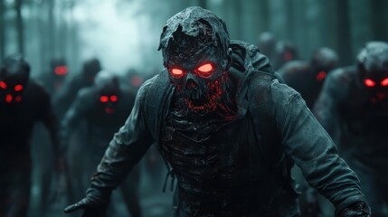 A glowing-eyed creature emerges menacingly from the shadowy forest, its presence commanding fear and suspense as it advances determinedly through the dark unknown.