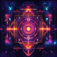 Obraz premium Neo-Hindu cyberpunk art, sacred energy patterns with glowing neon details, flat design illustration