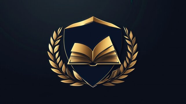 Golden Book Emblem with Laurel Wreath and Shield