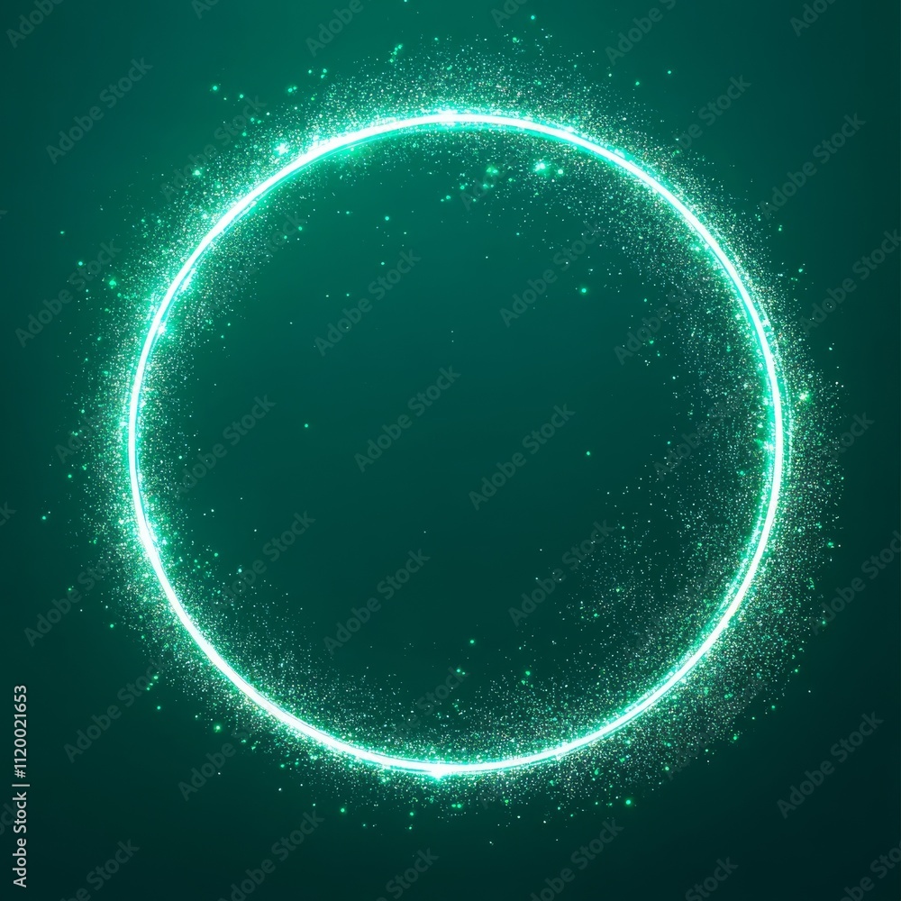 Poster Abstract blue neon ring. Light effect. The whirlwind of shiny particles. Flashes of light on the Emerald Circle. Empty space for text.Vector object.