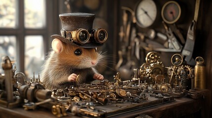 A cute hamster wearing a top hat and goggles meticulously works