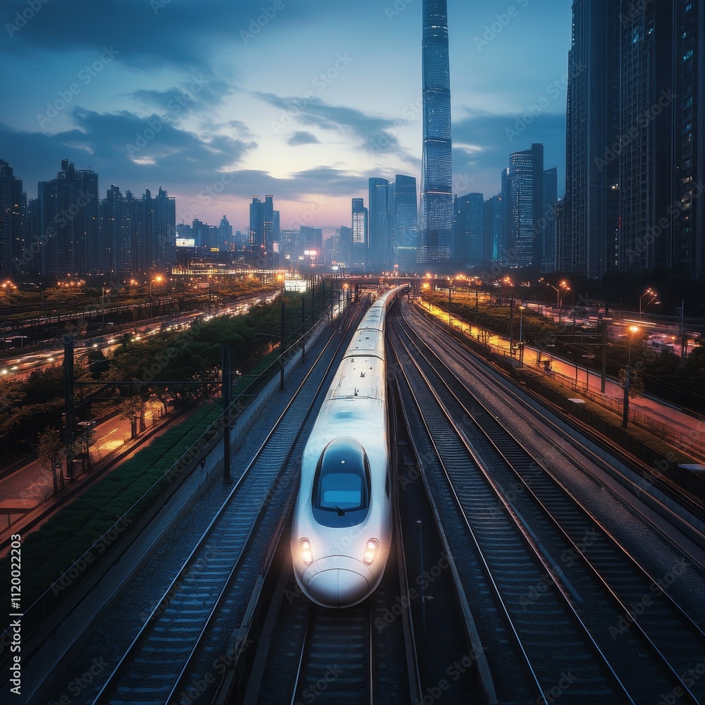 Poster fast express passenger train on high speed intercity railway moving from city. future digital urban 