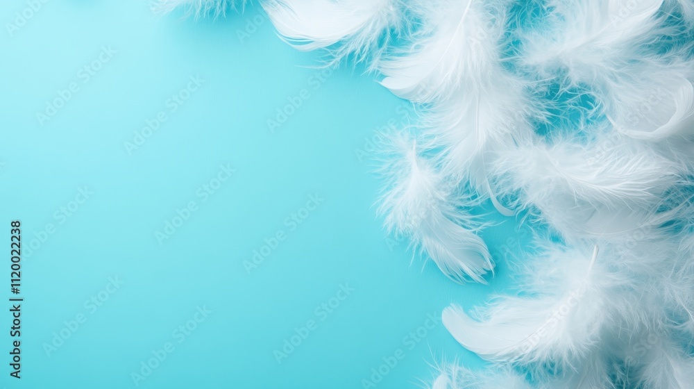 Poster delicate white feathers rest gently on a calming light blue background, creating a serene and soothi