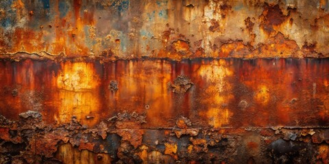 Unique Rusty Dark Orange and Brown Grunge Metal Texture with Stone-Like Elements in Panoramic Format Showcasing Color Variations and Surface Details for Artistic Backgrounds