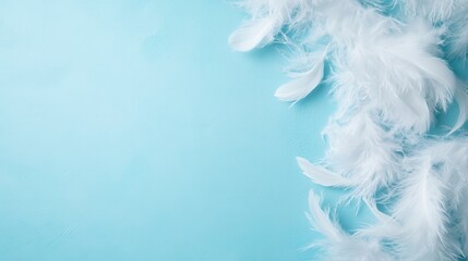 Fototapeta premium Dream-like white feathers elegantly scattered over a refreshing blue canvas, evoking a sense of calm, tenderness, and airy beauty within an artful display.