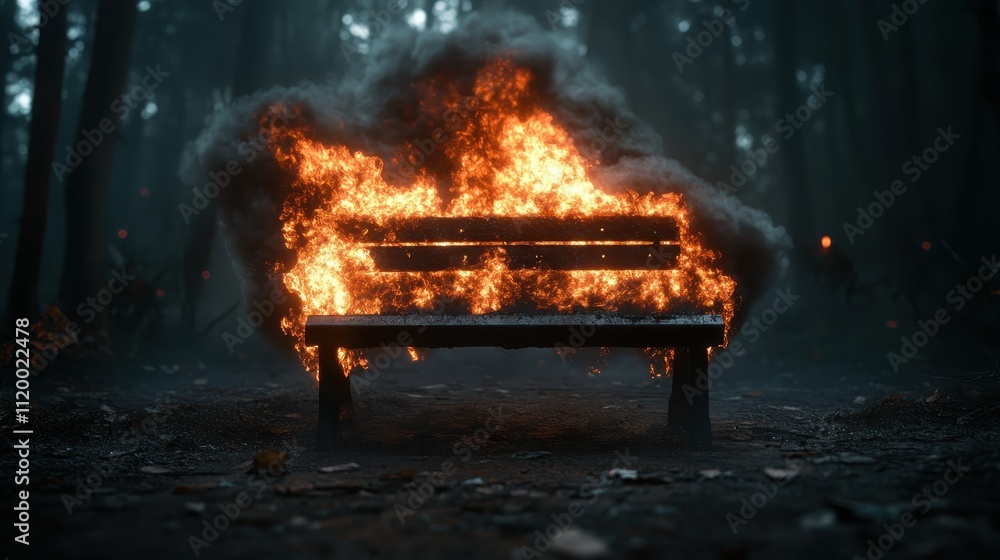 Poster a bench ablaze with fiery flames against a dark, shadowy backdrop of trees, creating a dramatic and 