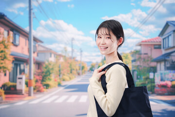 住宅街を歩く若い女性