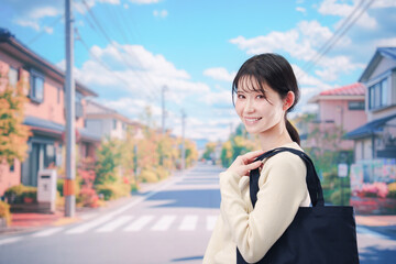 Fototapeta premium 住宅街を歩く若い女性