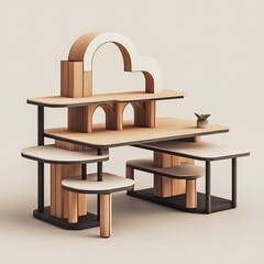 Minimalist Modern Wooden and Metal Geometric Shelving Unit for Creative Display and Storage