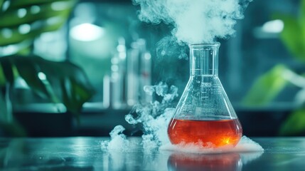 A flask emits steam from red liquid in a verdant lab setting, portraying a sense of wonder and mystery in a scientific exploration atmosphere.