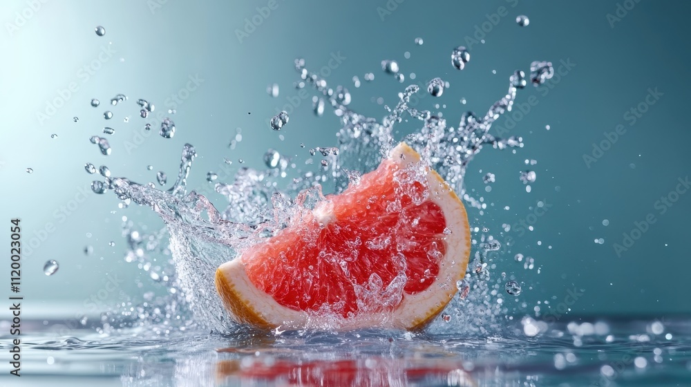 Poster a juicy grapefruit slice makes a dynamic splash in water, capturing movement and freshness in a visu