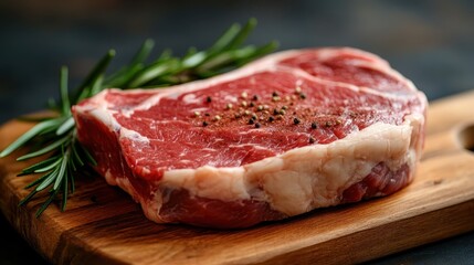 A raw steak elegantly arranged on a wooden board, garnished with rosemary and seasoning, showcasing a gourmet and flavorful culinary delight for food lovers.