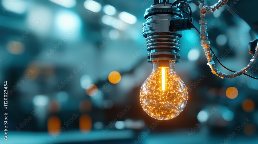 Poster a futuristic light bulb filled with intricate glowing patterns symbolizes innovation and technology 