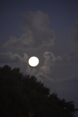 A bright orange full moon over an island in the Pacific ocean