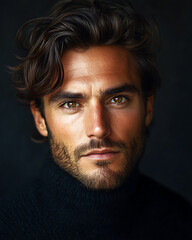 Intense Gaze of a Handsome Man with Brown Hair and Eyes, Wearing a Black Turtleneck, Studio Portrait Photography