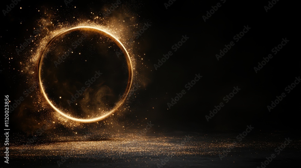 Poster An abstract design showcasing a shimmering circle of light surrounded by sparkling particles, set against a dark background, creating an enchanting effect.