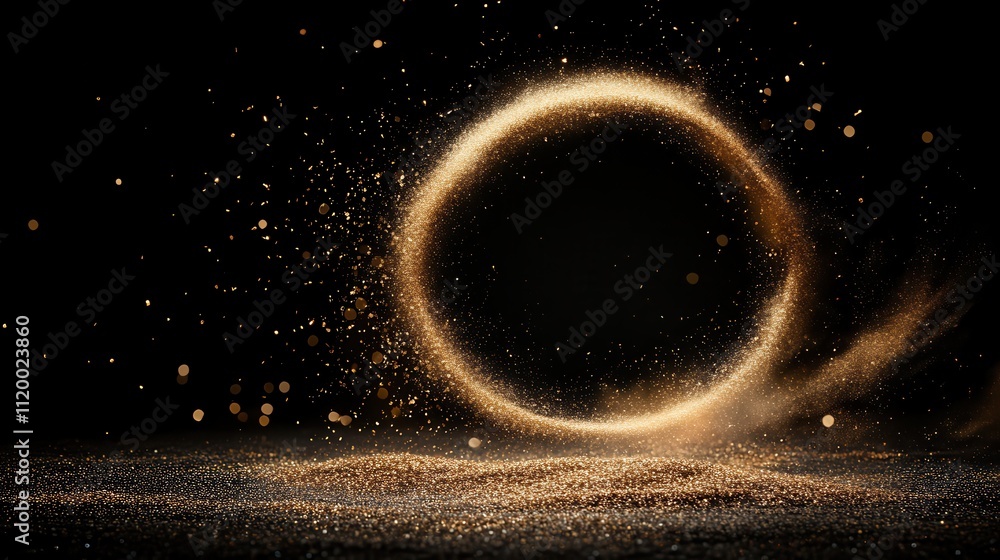 Poster a mesmerizing abstract image featuring a glowing circle composed of golden particles against a dark 
