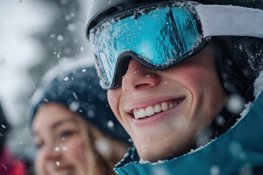 A cheerful snowboarder captures the joy of winter sports, showcasing an exhilarating atmosphere filled with fun and excitement against a backdrop of snowy mountains.