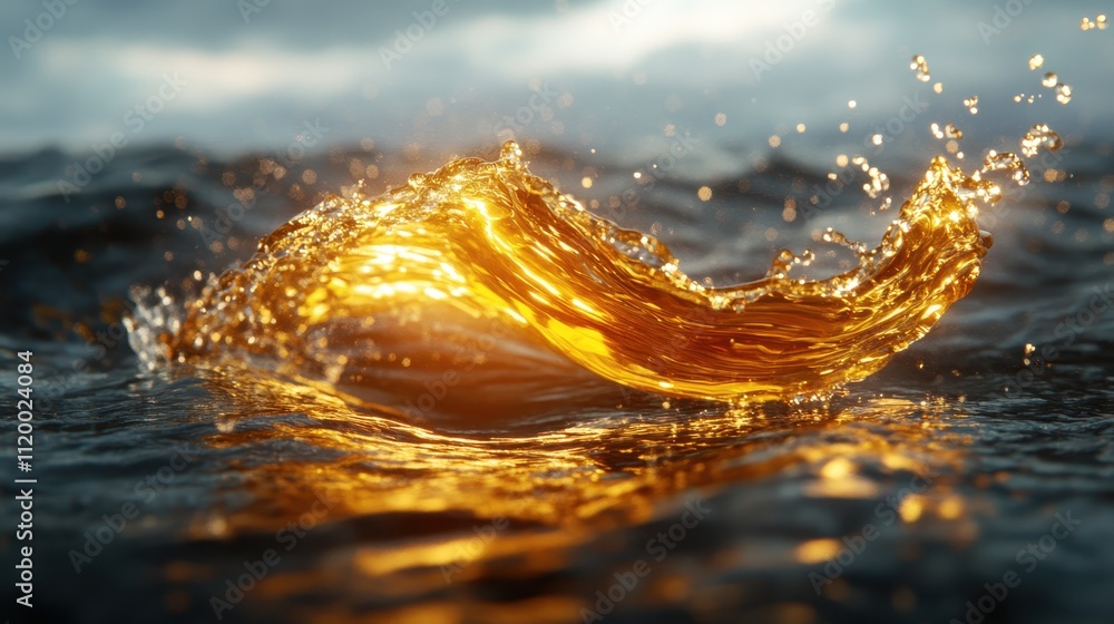 Poster a stunning golden wave sparkles in the ocean, creating a mesmerizing display of light and motion aga