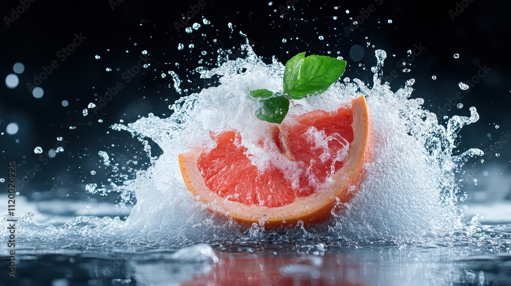 Poster a succulent slice of grapefruit is caught mid-splash, surrounded by sparkling water droplets, creati