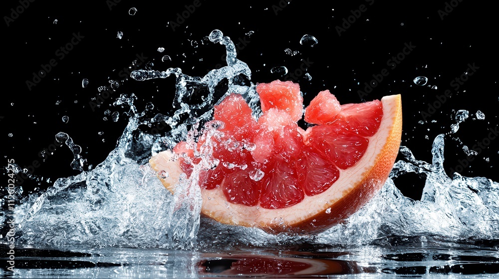 Poster a striking image capturing a vibrant slice of grapefruit splashing in water, showcasing the fruit's 