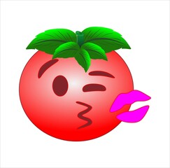 emoji  vermelho  com  folhas verdes tomate dando uma piscadinha e jogando beijinho