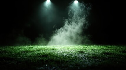 A green field is shrouded in an eerie mist, illuminated by spotlights, portraying an atmospheric and mysterious scene with elements of intrigue and depth.