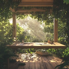 Serene Wooden Porch Swing Nestled in Lush Garden Greenery