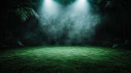 A lush green jungle clearing is dramatically illuminated by two spotlights, creating an ethereal and enchanting atmosphere with a backdrop of dense foliage and mist.