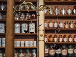 Pharmacy and vintage balance in apothecary.