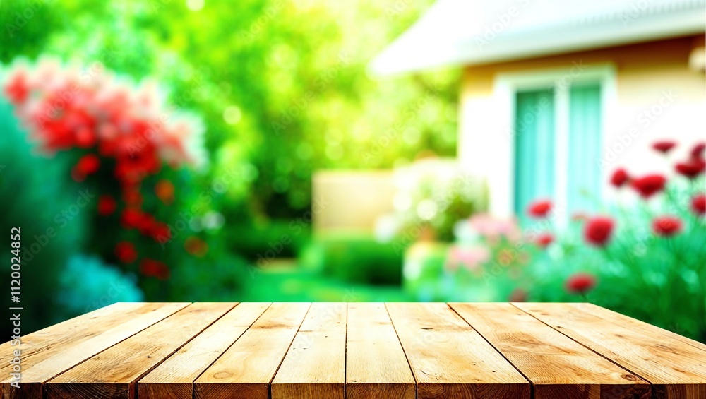 Aufkleber empty of wood table top on blur of fresh green abstract from garden with sunlight .for montage produ