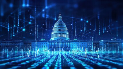Futuristic Capitol building illuminated in blue tones, surrounded by digital networks and circuitry, symbolizing innovation, government, and the transformation of technology in the digital age.