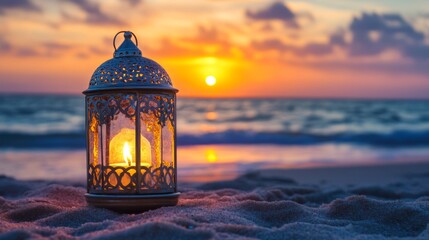 ramadan kareem iftar, muslim lantern lamp glows on the seashore at sunset,with copy space