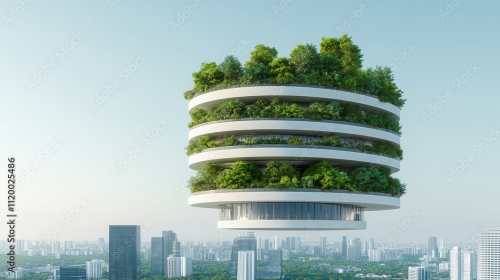 Aufkleber a futuristic floating structure adorned with greenery, symbolizing sustainable architecture in an ur