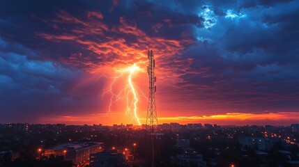 Fototapeta premium Lightning strikes a tall communication tower during a dramatic sunset with stormy clouds