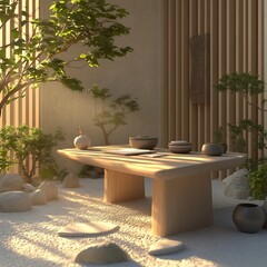 Tranquil Zen Garden with Bonsai,Rocks,and Bamboo Decor