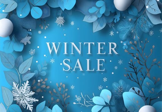 Winter sale banner with text, special offer and limited time, featuring winter elements and snowflakes on a blue background.