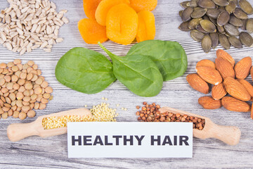 Nutritious food as source differents vitamins or minerals for healthy and lush hair