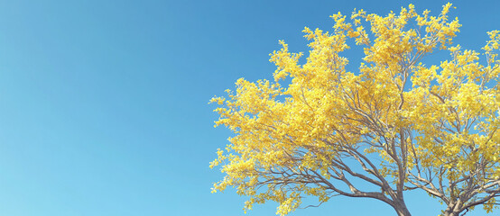 vibrant yellow poplar tree stands against clear blue sky, showcasing its bright foliage and intricate branches. scene evokes sense of tranquility and beauty in nature
