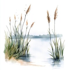 Watercolor Painting of Grasses and Reeds Along the Water's Edge on White Background.