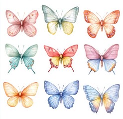 Watercolor Pastel Butterflies Clip Art Set on White Background. Vector Illustration.