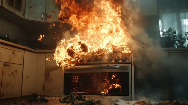A large fire engulfs an oven and stove in a kitchen, showcasing the danger and chaos of a cooking mishap amid a domestic setting with a fiery explosion.