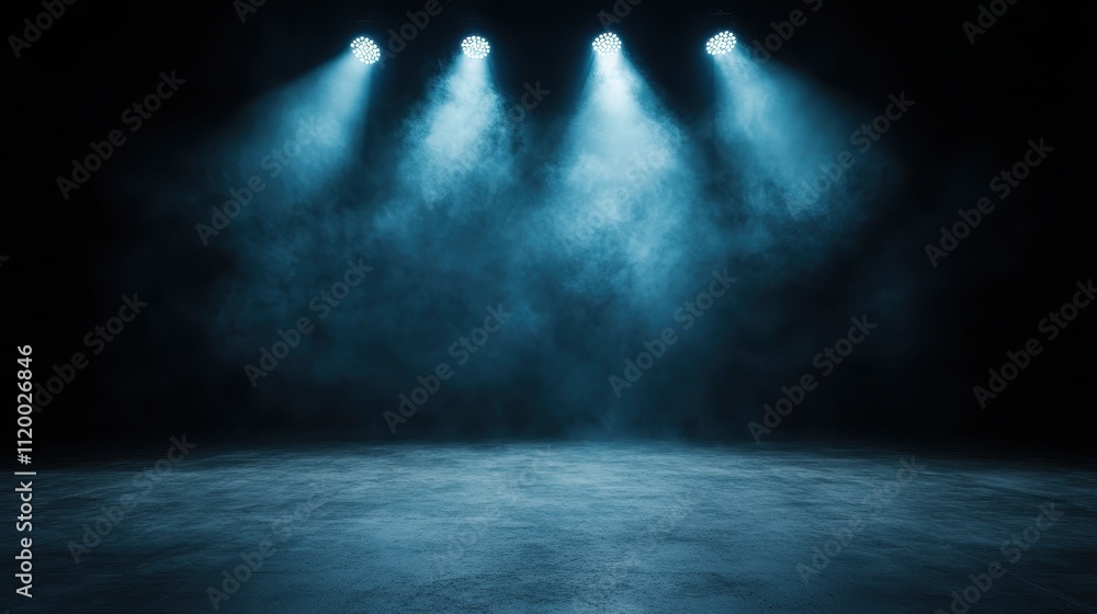 Poster a dramatic scene featuring intense blue spotlights illuminating an empty stage, creating a mood of a
