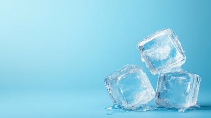 Three ice cubes balance delicately on top of one another against a seamless blue backdrop, evoking themes of harmony, perfection, and serene chill within their clarity.