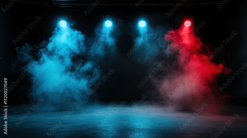 Poster the stage is dynamically illuminated with both red and blue smokey lighting, forming an intense visu