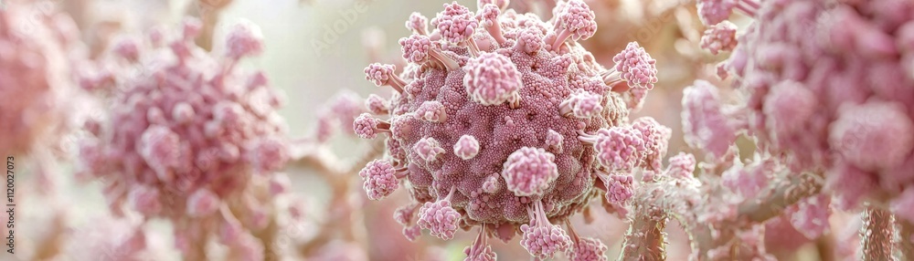 Poster pink viral cell structures in scientific research lab environment representing a mobile application 